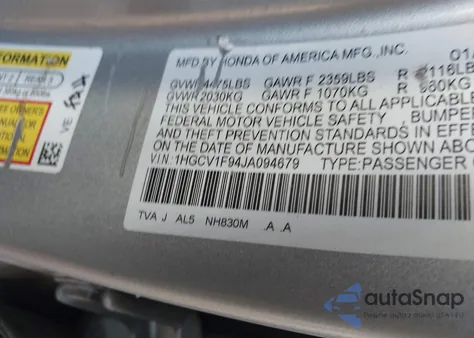 2018 Honda Accord Touring из США, поврежденный, VIN 1HGCV1F94JA094679